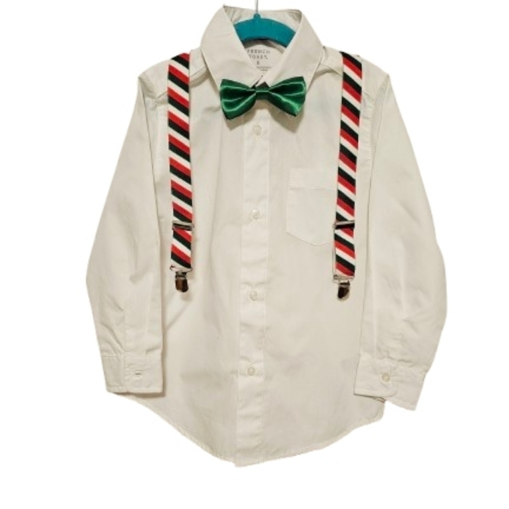French Toast White Shirt with Other Green Bow Tie and Striped Suspenders Size 6